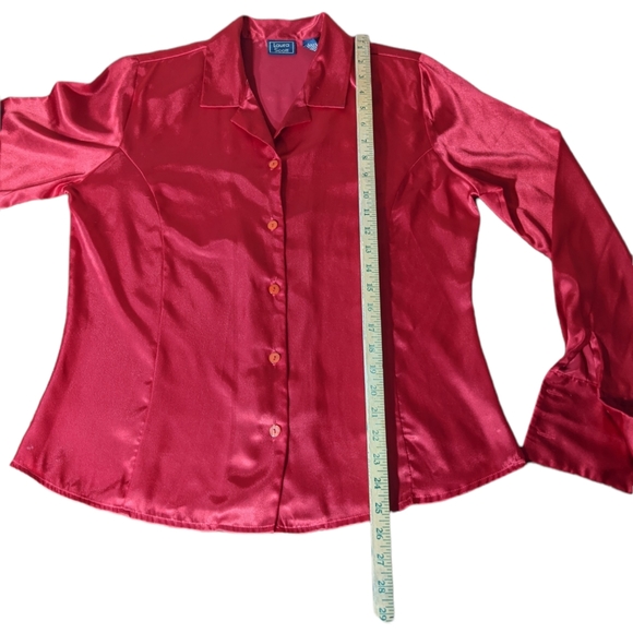 VTG 14 Shiny Red Satin Button Top Balloon Long Sleeve Blouse Cufflink Style Cuff - Picture 5 of 16